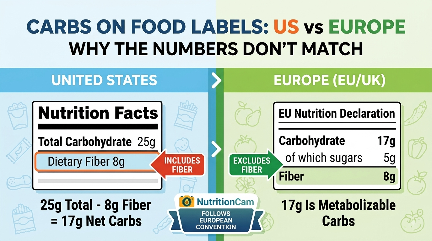 Side-by-side comparison of US and European food labels