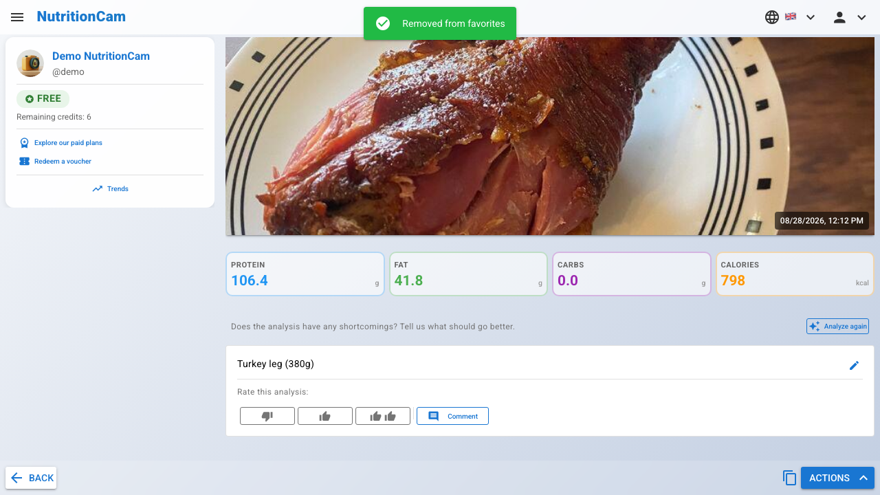 Detailed nutritional breakdown of a photographed meal.