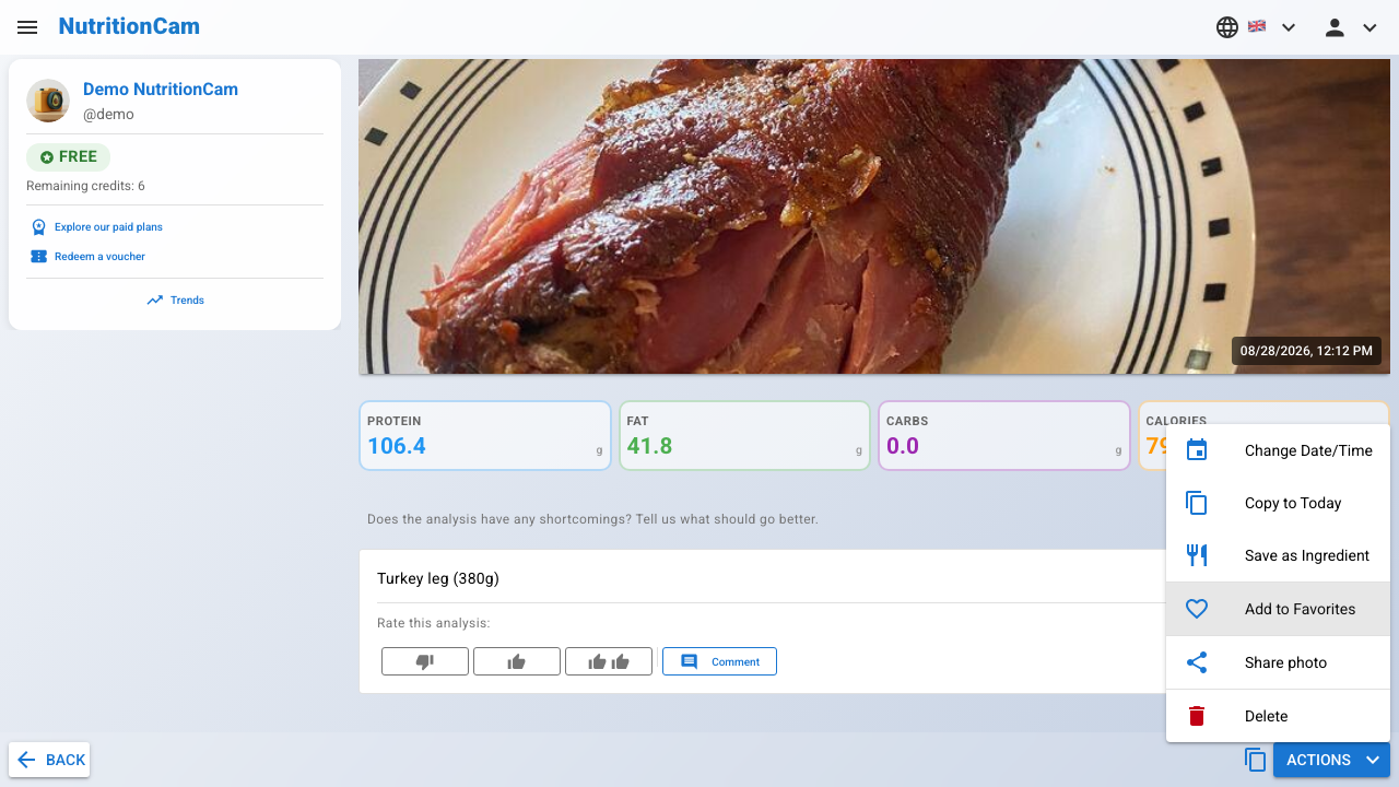 Use the actions menu to add or remove meals from your favorites.